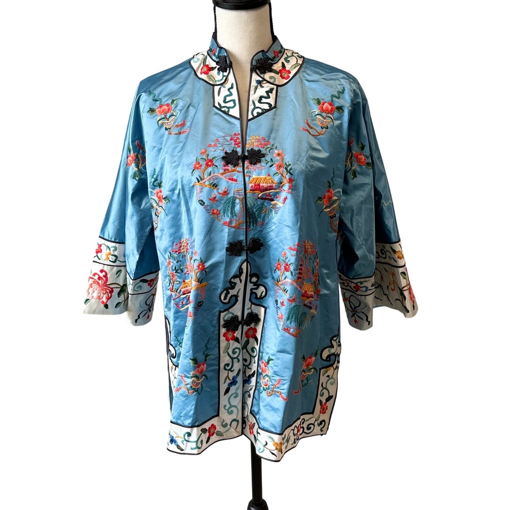 ESME Embroidered Silk Jacket Womens L/XL Blue Excellent Frog Button Mandarin